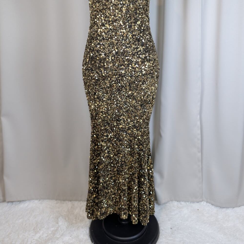 Theia Gold Sequin Gown Size 4 Black Gold Sleeveless Mermaid Maxi Dress - Picture 15 of 16